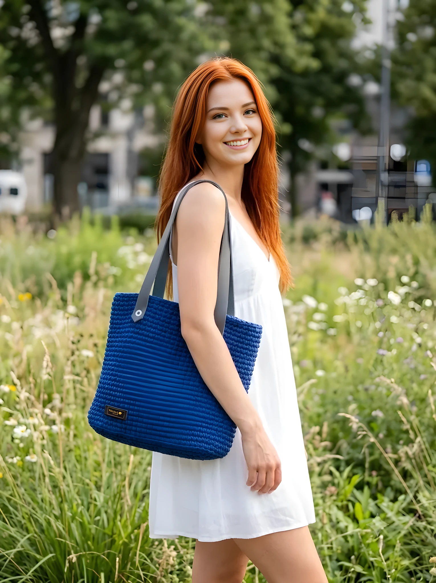 Mamoe kék horgolt tote bag bőr pántok